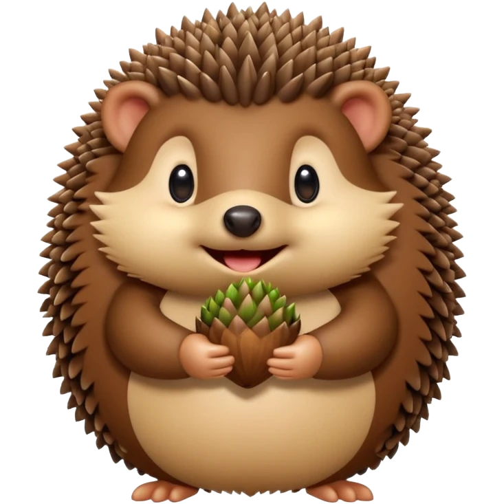 A round hedgehog with a small fuzzy beard puff under its nose, smiling shyly while holding a tiny acorn.



















 emoji