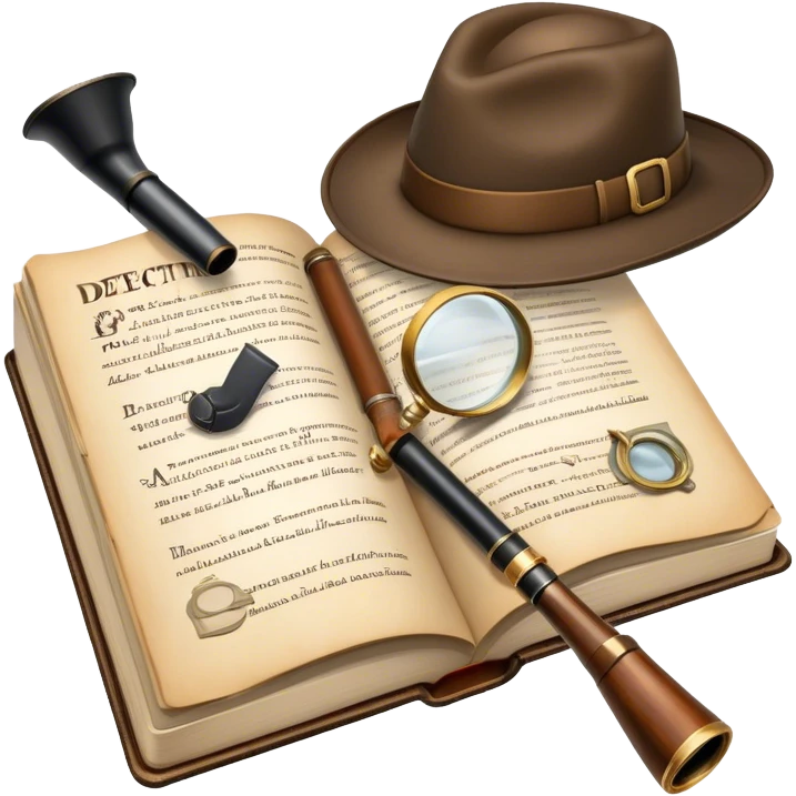 Icon for Detective Reading: an open book with text and a magnifying glass on the pages, a classic detective hat and a pipe, surrounded by clues like footprints, a revolver and a notepad. The icon should represent the mystery and intrigue of detective stories. Transparent background. emoji