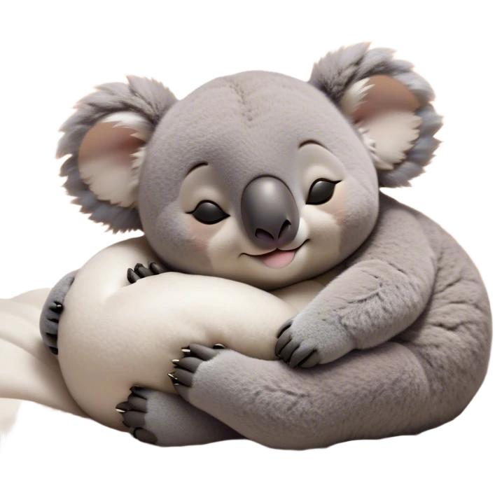 Meme-Worthy Cute Sleeping Koala Portrait Emoji, Head resting peacefully with a contented smile, showcasing a cuddly build and a luxuriously soft grey fur, eyes shut in a serene, restful snooze, Simplified yet hilariously adorable features, highly detailed, glowing with a soft, drowsy light, high shine, relaxed and utterly lovable, stylized with an air of playful laziness, bright and heartwarming, soft glowing outline, capturing the essence of a comically sleepy koala, so meme‐worthy it feels like it could instantly become the next viral sensation of adorable slumber! emoji