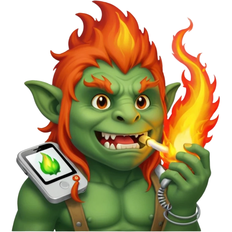 Troll breathing fire on a work phone emoji