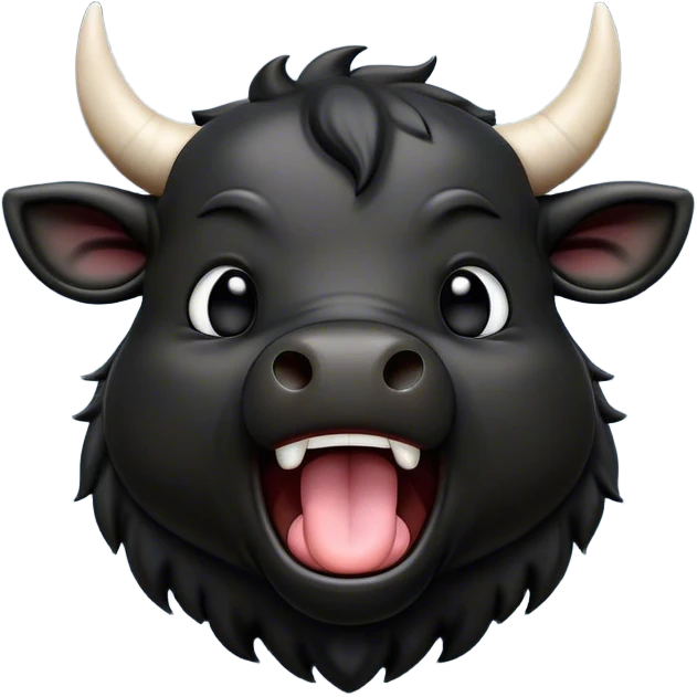 Cinematic Cute Yawning Black Bull Portrait Emoji, Head tilted slightly with a dramatic, wide-open yawn, showcasing a smooth, pure black hide with a subtle texture, floppy ears slightly drooping, round dark eyes barely open in drowsy contentment, Simplified yet irresistibly adorable features, highly detailed, glowing with a soft, cozy glow, high shine, relaxed yet expressive, stylized with a touch of rugged whimsy, bright and endearing, soft glowing outline, capturing the essence of a sleepy yet affectionate guardian, so drowsy it feels like it could charge right out of the screen and curl up for a nap! emoji