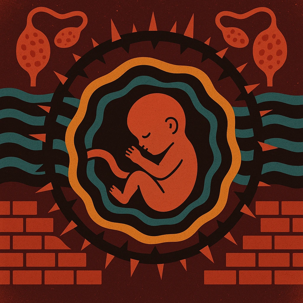 conceptual illustration of stylized embryo surrounded by visual barriers like thorns, waves or walls, polycystic ovaries in background, colors suggesting difficulty and hostility, infographic style emoji