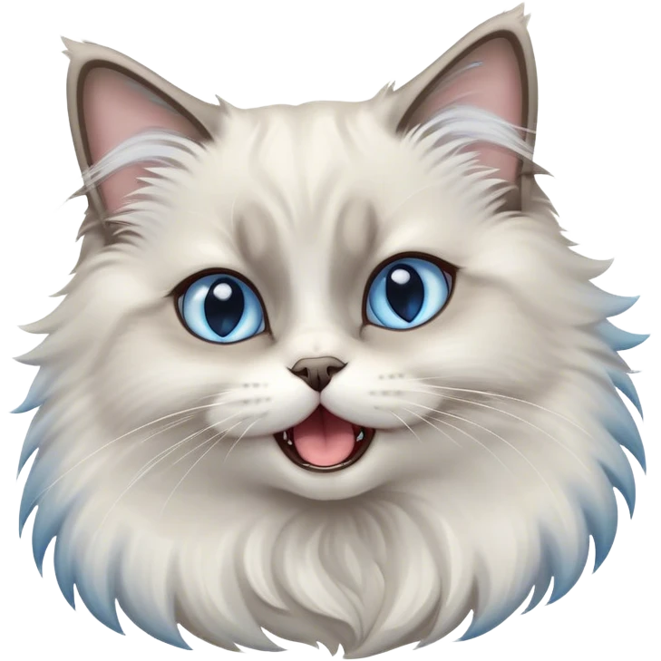 Cinematic Adorable Fluffy Light Grey Mantle Ragdoll Cat Portrait Emoji, Head tilted cutely with big, sparkling blue eyes, soft light grey fur with darker points on the ears, face, and paws, Simplified yet irresistibly adorable features, highly detailed, glowing with a soft, warm glow, high shine, yawning in a peaceful and playful manner, stylized with a touch of whimsy, bright and endearing, soft glowing outline, capturing the essence of a relaxed and loving kitten, so cute it feels like it could leap out of the screen and stretch into a cozy nap! emoji