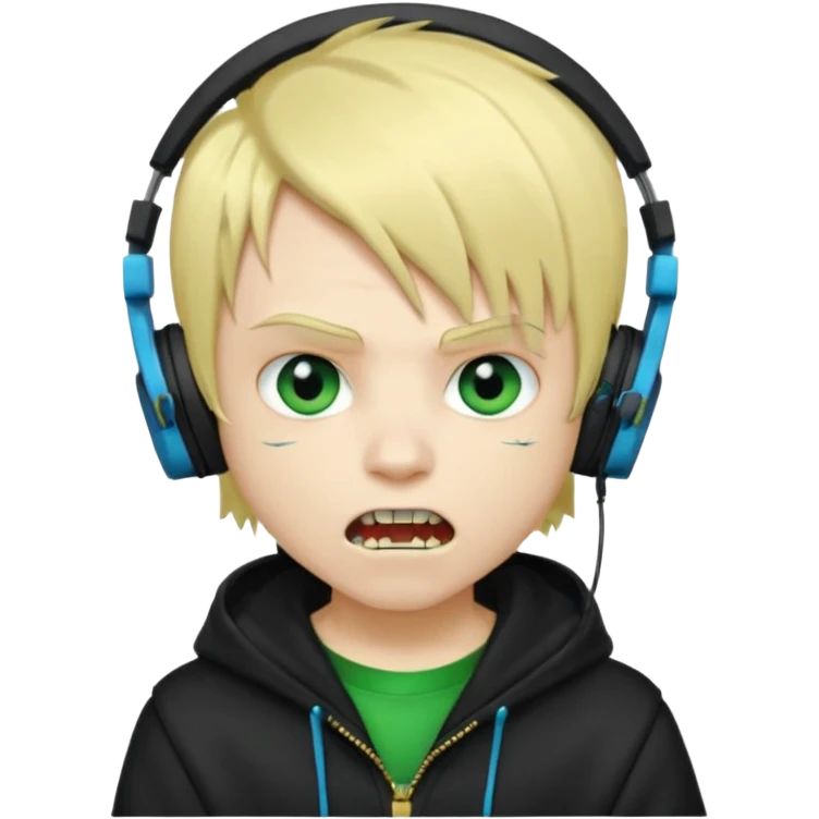 boy vampire whit blonde emo hair and eyes blue and GREEN SKIN and heandphones black AND A MICROFONE AND GOLD TEETH and agesive face and the hoodie black  emoji