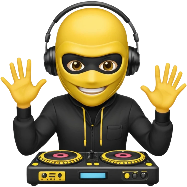 Make a customized yellow head emoji with hands and holding a dj turn table  in a ninja face mask emoji