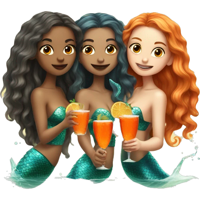 Three beautiful mermaids (light skin) drinking aperol emoji