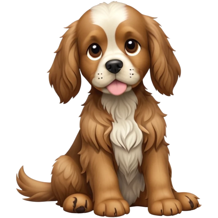 cinematic-[cocker spaniel dog]-realistic-full-body-sitting-emoji,-tail-resting-loosely-beside-its-paws,-head-tilted-dramatically,-scruffy-[solid brown]-fur,-simplified-yet-realistic-focused-features,-highly-detailed,-glowing-with-an-almost-sarcastic-glow emoji