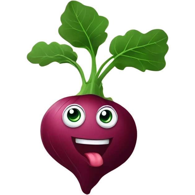 miling beetroot with big expressive eyes, rosy cheeks, and a green leaf on top. Simple and bright design with a cheerful and cartoonish style. emoji