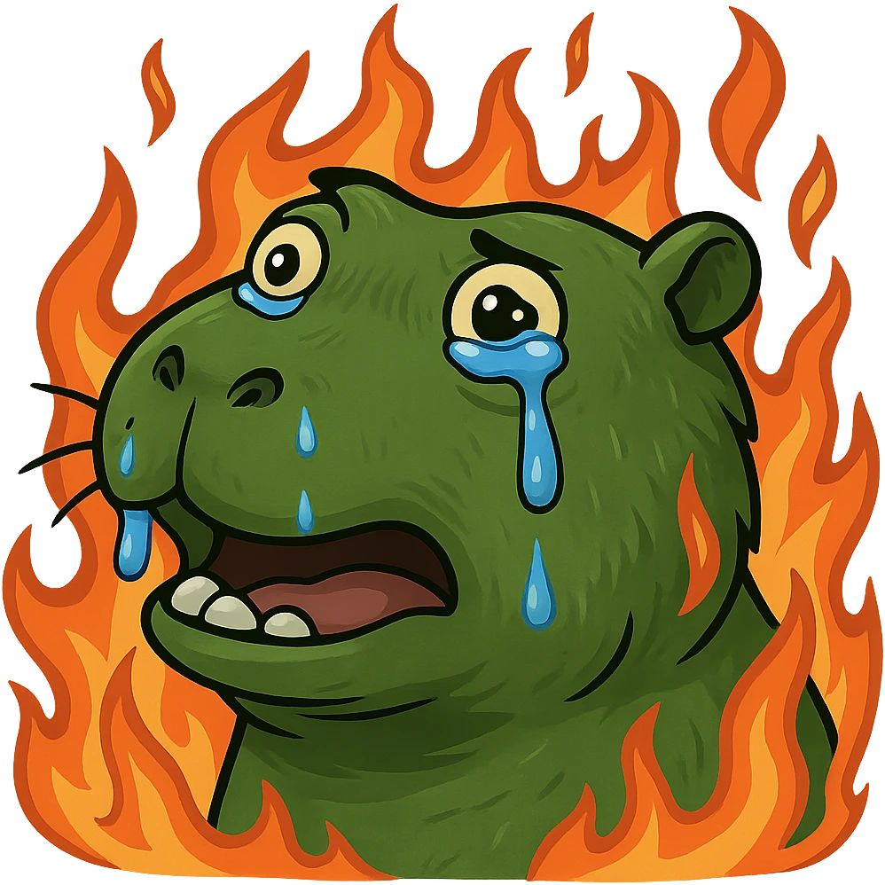 crying capybara, a fire around, bufo style emoji