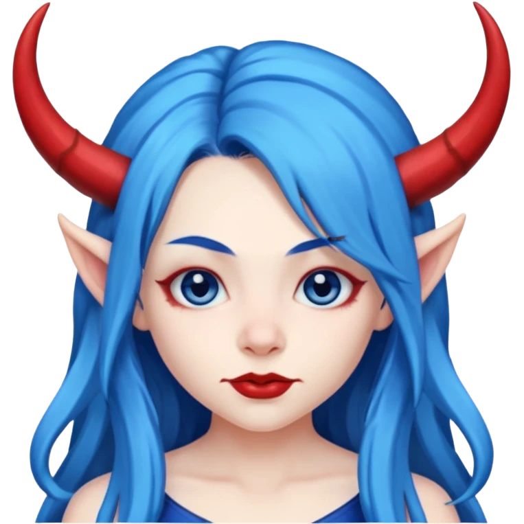 Female devil with long blue hair and horns,  cute face, half body emoji