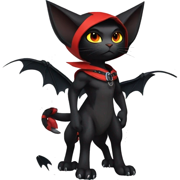 Cool Edgy Fantasy Litten-Nargacuga-Cat with black bat-wing-ears with a red harness full body emoji
