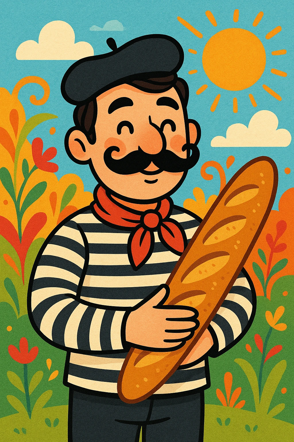 A charming, cartoonish style Frenchman with a moustache and a beret, holding a baguette, wearing a black and white striped shirt. emoji
