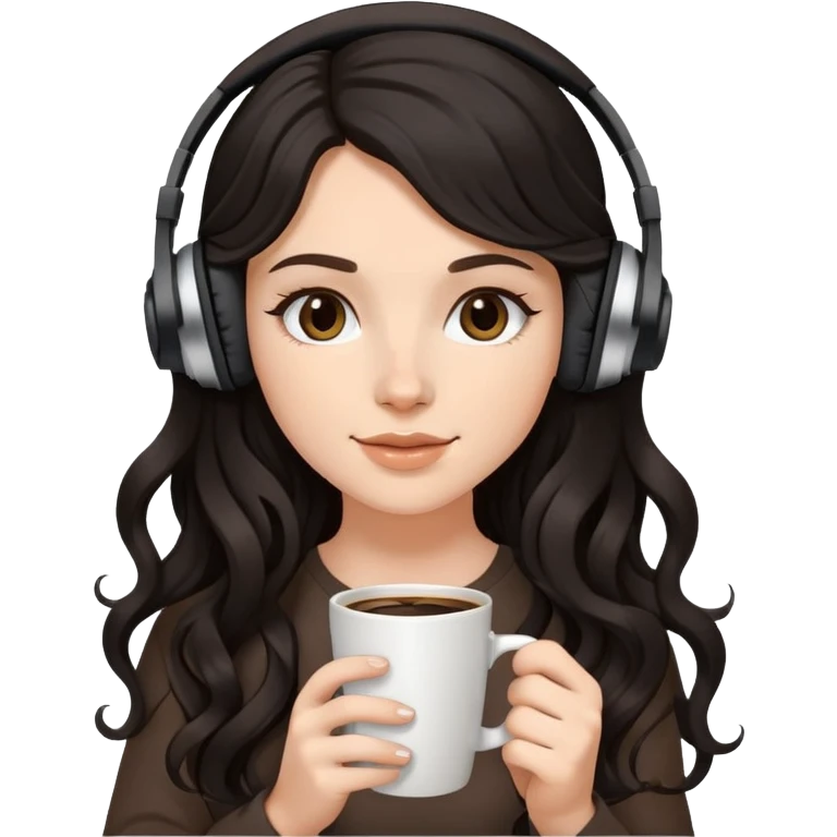 A white girl with black wavy long hair, wearing headphones on her head and holding coffee in her hand SHe has delicate facial features emoji