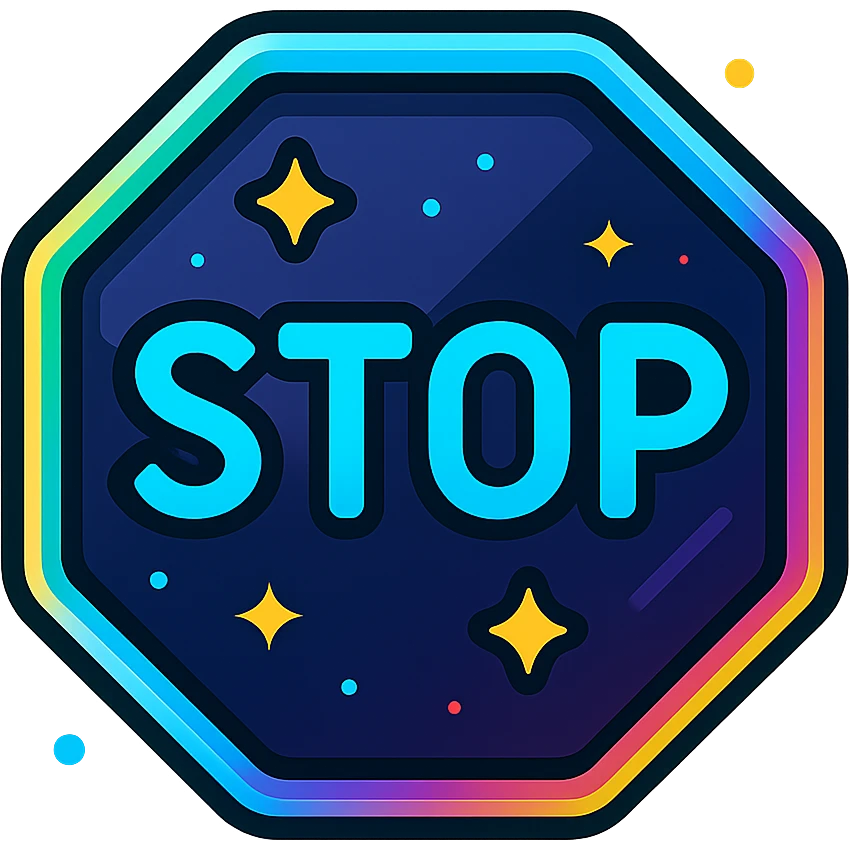 stop icon with dark purple, blue, and black base, bright accents, complex gradients, stars, bright neon border, modern clean stop symbol, glow and lighting effects, sophisticated futuristic icon style emoji