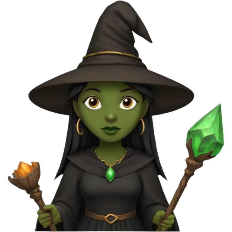 ведьма-африканка с зеленой кожей с широким носом в черном платье и черной ведьминской шляпе с посохом и длинными черными волосами  emoji