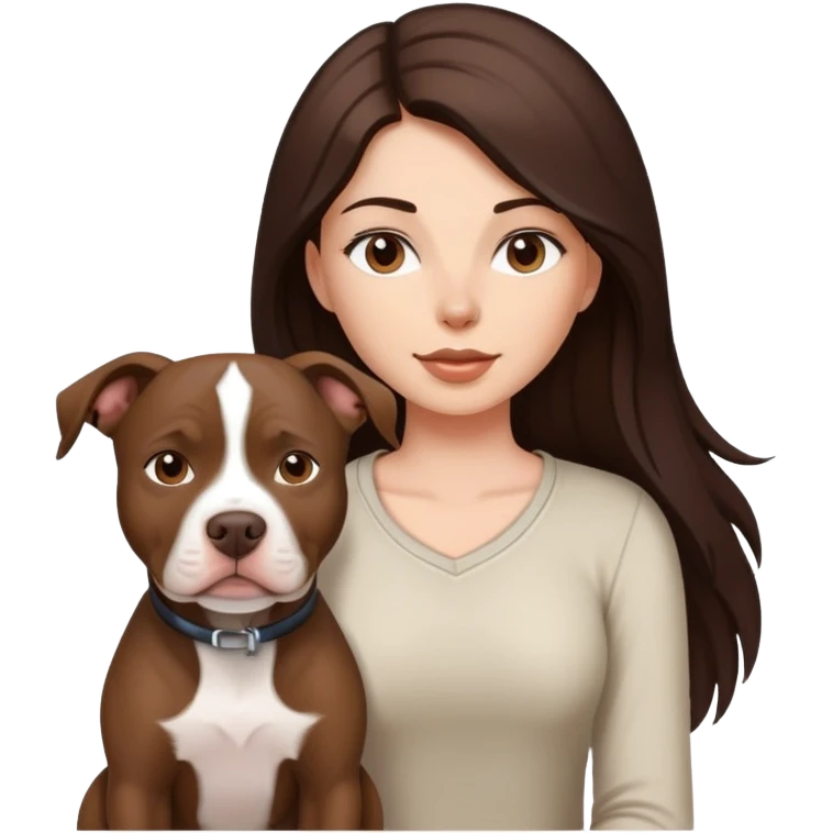 girl with dark brown long hair with her pitbull dog brown and white emoji