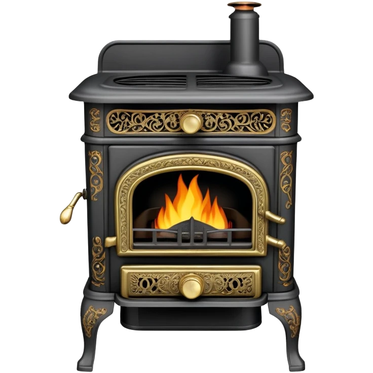 An antique cast iron coal stove from the 1900s with ornate details, small fire visible inside, black metal with brass accents emoji