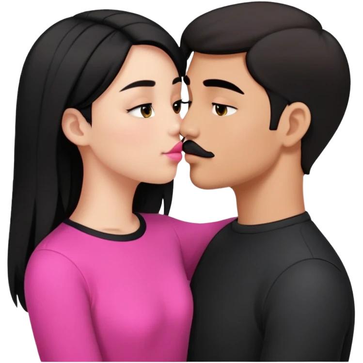 Brunette boy with short hair and black mustache wearing black clothes, kissing white girl with long black hair wearing pink clothes emoji