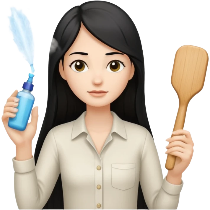 A white woman with long, straight black hair, wearing an ivory-colored shirt, holding a small square wooden paddle hairbrush in her left hand and spraying a hair mist bottle with her right hand toward her hair. emoji