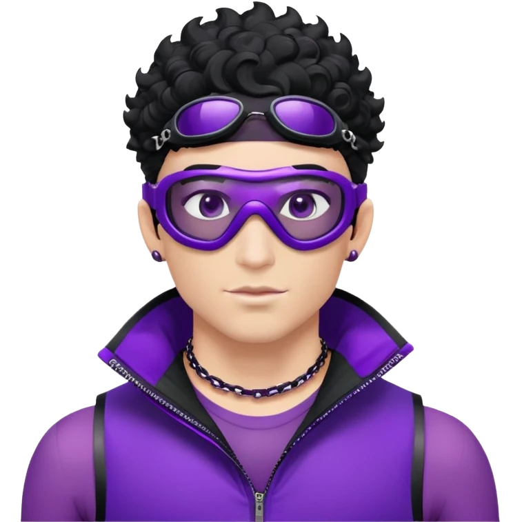 male athlete with white skin and moderately curly black hair on top with shaved sides, wearing ski goggles with purple frames and very dark black lenses, a simple plain black chain necklace, and an open shiny purple vest showing his chest and abs, no earrings emoji