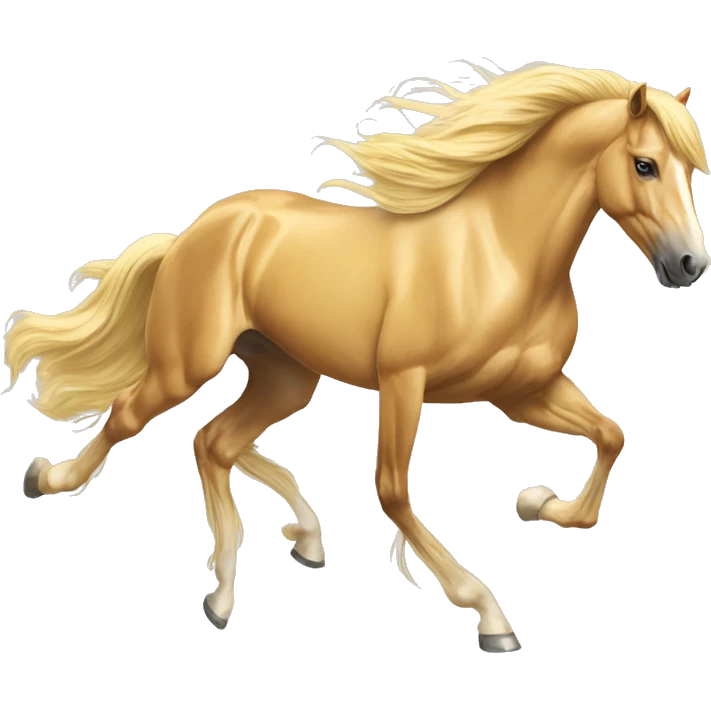 Yellow palomino horse with long flowing mane galloping with prosthetic leg, slender horse, solid yellow horse, running, yellow horse galloping with prosthetic leg, pretty horse emoji