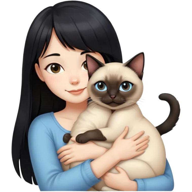 A girl with long black hair and bangs happily hugs a Siamese cat emoji
