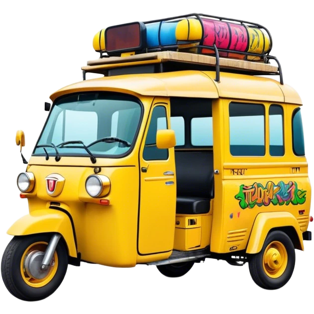 Cinematic Realistic Tuk Tuk Pop Culture Emoji, featuring a vibrant portrayal of the iconic Thai tuk tuk rendered with dynamic textures and lively, urban lighting. emoji