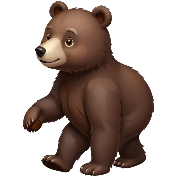 Minimalist darker brown bear walking on four paws, realistic features, deep chocolate brown fur emoji