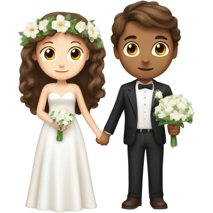brown hair boy and girl getting married with white flowers in the girls hand and a ring in the boys hand  emoji