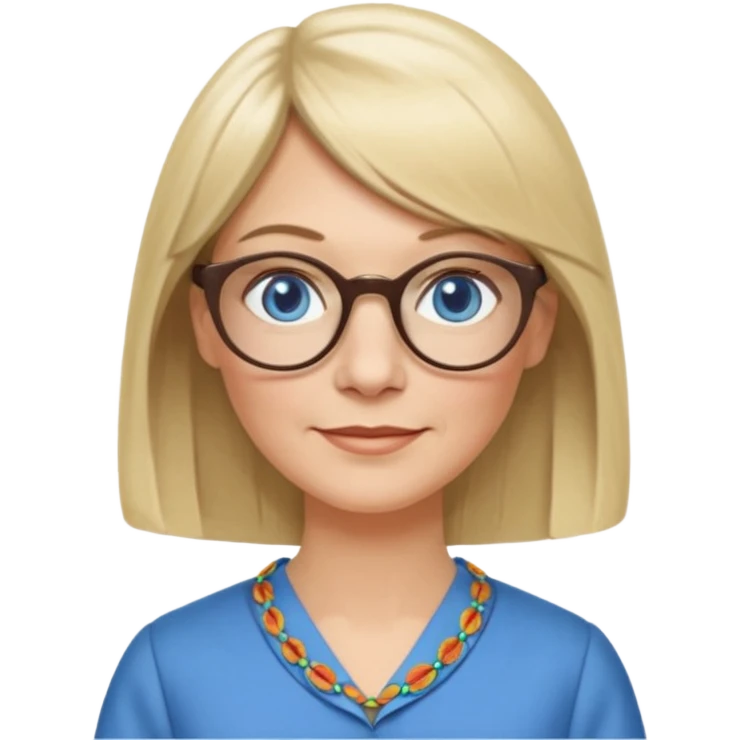 50 yr old white woman, hippie parted very long hair, short bangs, very long straight blond hair, oval face, small smile, blue eyes, thin face, hair downback, hair parted at center of head, round cheeks, pale, longer hair, business dress, long hair, big square glasses emoji