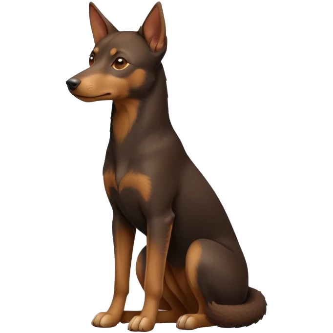 cinematic-[australian kelpie]-realistic-full-body-sitting-emoji,-tail-resting-loosely-beside-its-paws,-head-tilted-dramatically, -sleek-[Brown and tan]-fur,-simplified-yet-realistic-focused-features,-highly-detailed,-glowing-with-an-almost-sarcastic-glow emoji