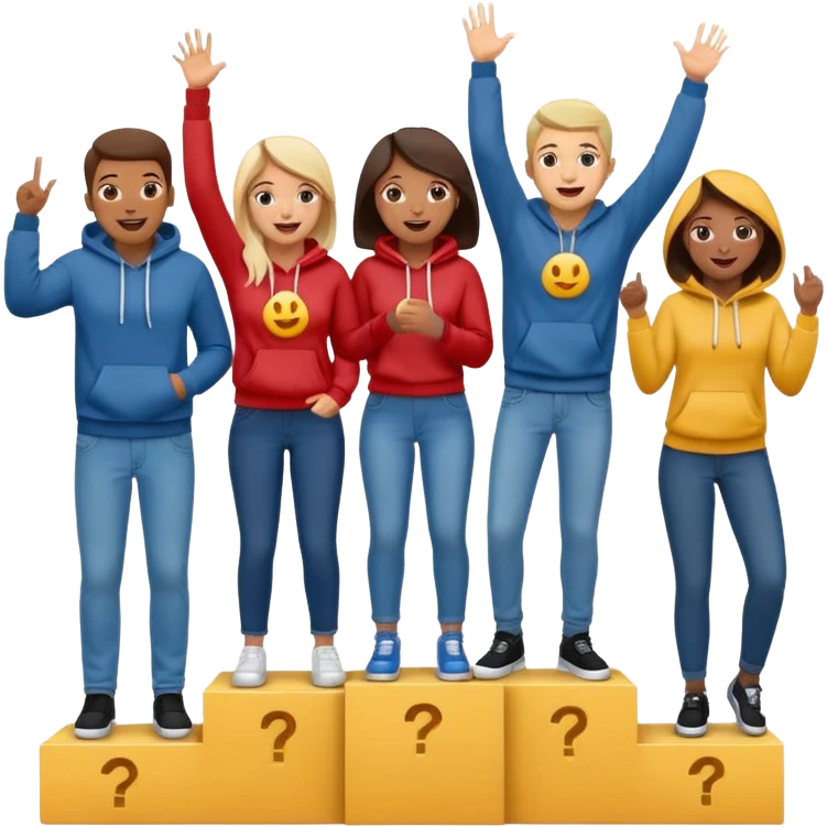 multi-racial people in jeans and hoodies on a winners’ podium, middle step higher, excited, fun emoji style emoji