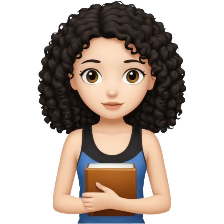 a pretty bratz fair girl with black curly hair in a brown tank top holding a book emoji