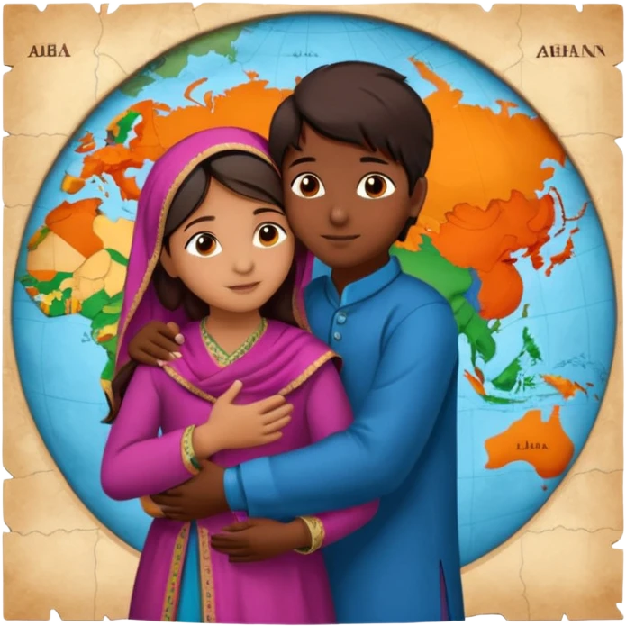 An Afghan girl and Indian boy who are in long distance relationship hug each other from distance.  Afghan girl from on Afghanistan map and boy on India map, they hug each other from this distance. emoji
