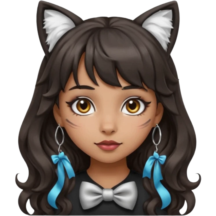 Remove the apple from the collar completely. Keep the bow or paw print, silver O-ring, bangs, bold makeup, medium Hispanic skin tone, long dark wavy hair, and cat ears in apple emoji style. emoji