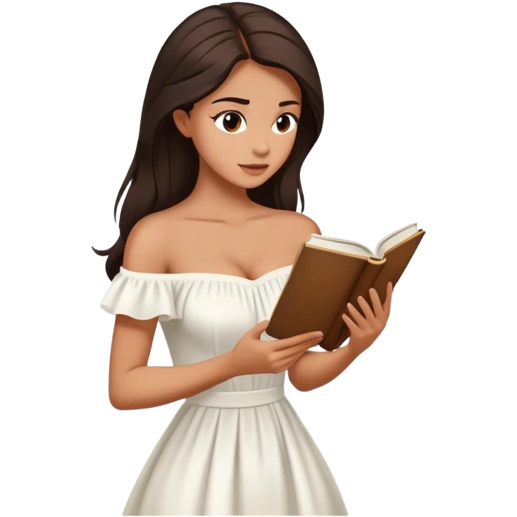 Beautiful woman in 1950’s woman fashion look, off-shoulder white dress, long dark brown hair, reading  emoji
