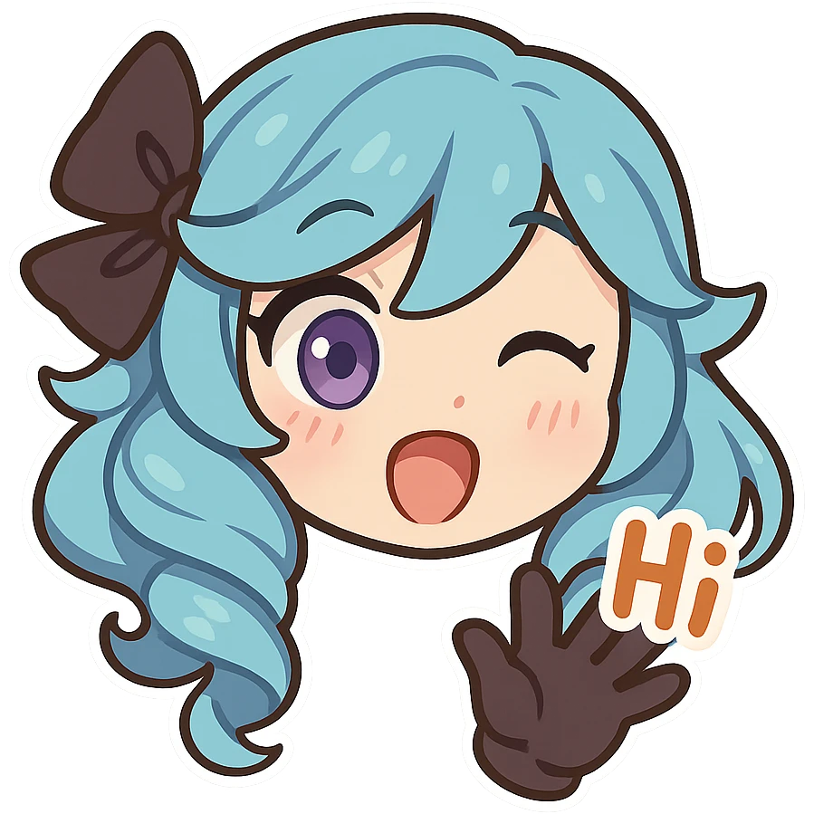 Gwen from League of Legends, chibi style, only head, right eye purple, one hand waving with glove, hi emote, surprised and happy, no text emoji