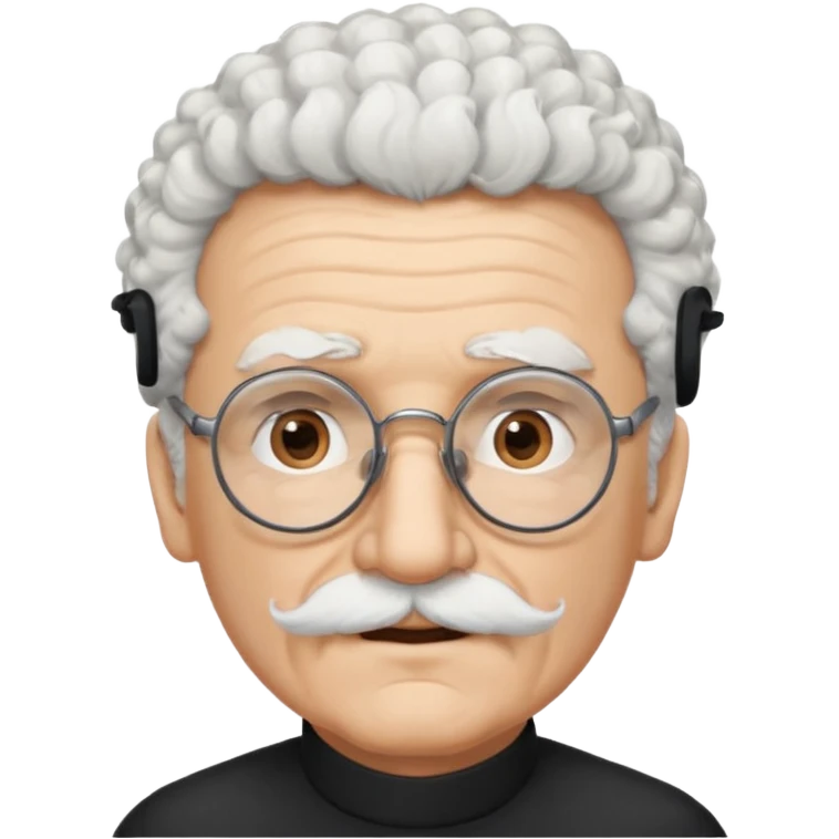 An elderly man emoji fluffy curly white hair, brown eyes behind black-framed glasses, a narrow pointed face, and a thin straight white mustache above his mouth. emoji