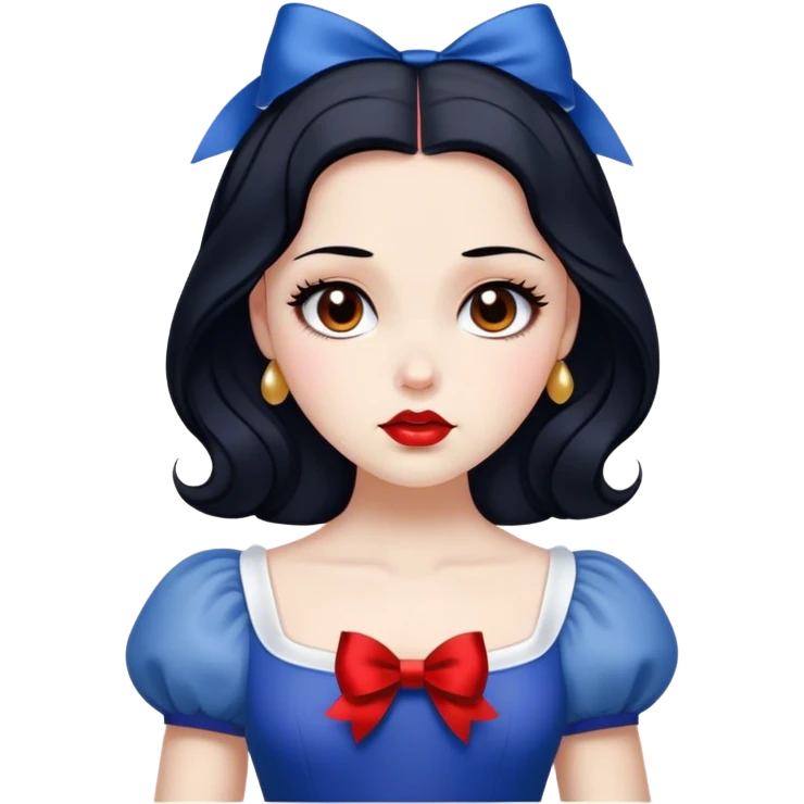 Cinematic Elegant Snow White Portrait Emoji, rendered in a realistic, vector-style with minimal shading and bold, simplified shapes. Depict Snow White (chest and above) with flawless porcelain skin, expressive deep brown eyes, and lustrous raven hair neatly styled with a red bow, wearing her classic blue and gold dress. The image glows with a soft, pure radiance and high shine, capturing timeless beauty and gentle grace. emoji