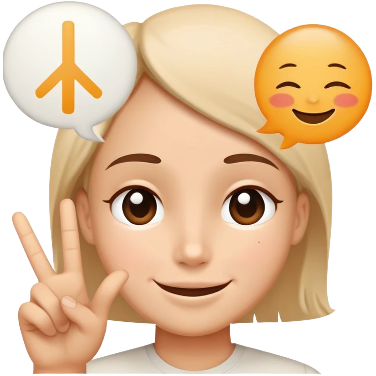 a face with a soft, reassuring smile and a speech bubble with a peace sign, conveying calming words emoji