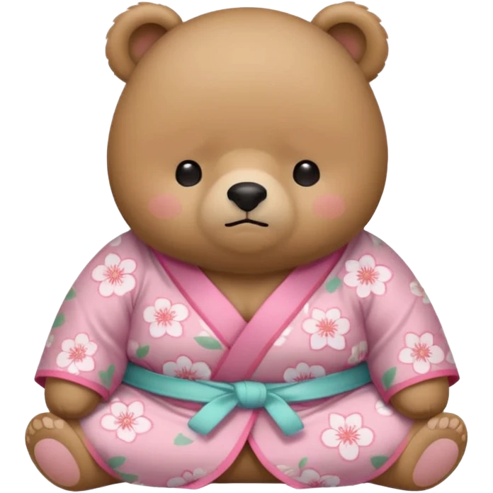 A cute chubby light-brown bear wearing a pastel pink sakura-patterned kimono, tiny body and round head, adorable simple face, sleepy half-closed eyes, small blush on cheeks, sitting while dozing off, tiny “zzz” floating above the head emoji