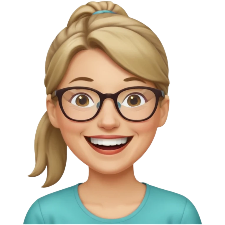 White 40 year old woman with dark blonde hair in a ponytail and glasses laughing emoji