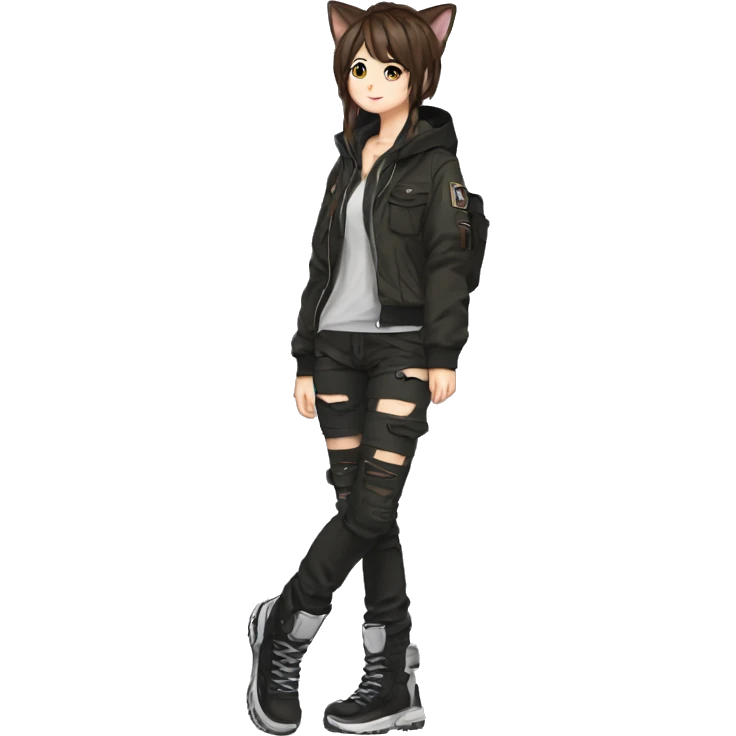Edgy cool shy beautiful pretty anime punk tomboy with cat ears techwear cargo pants hoodie brown hair collar  emoji