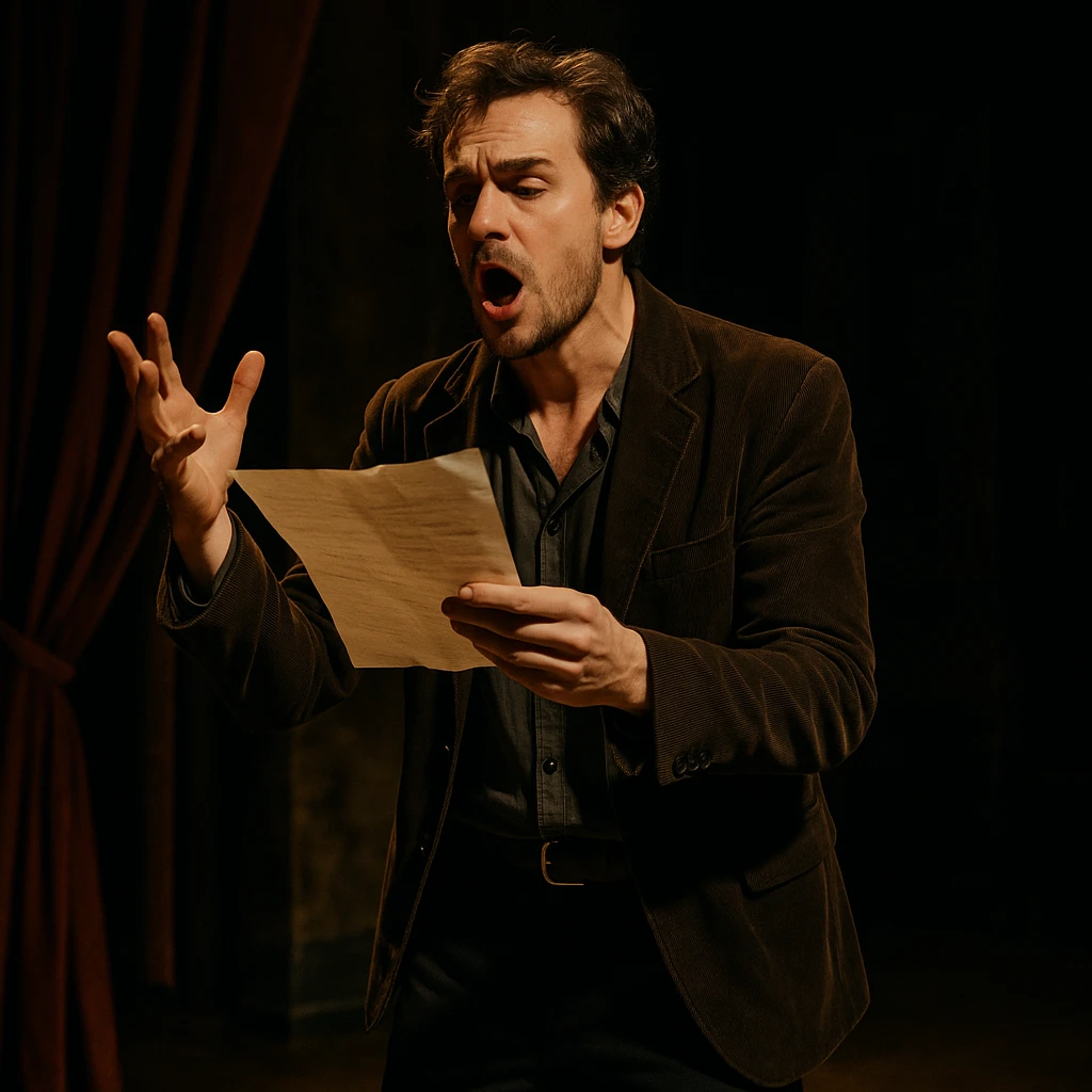 man reading a monologue, expressive, stage setting, theatrical, dramatic lighting emoji
