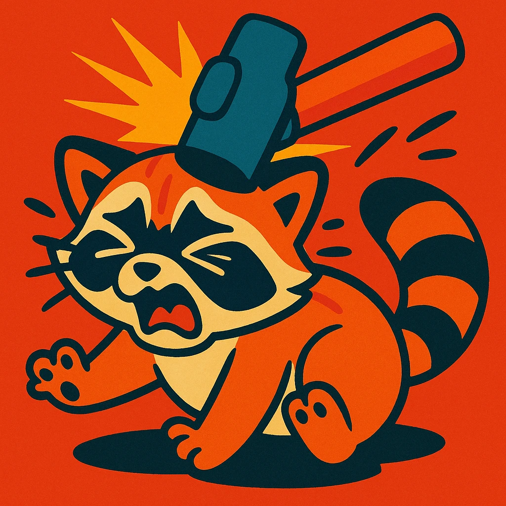 a little raccoon cat being hit by a hammer, expressive, cartoon style emoji