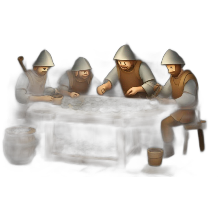 inside of a medieval mint showing different people working creating coins with a furnace emoji
