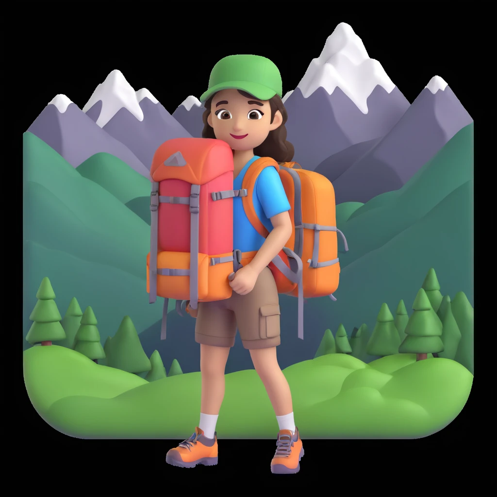 girl back packing mountains in background, close up pose emoji