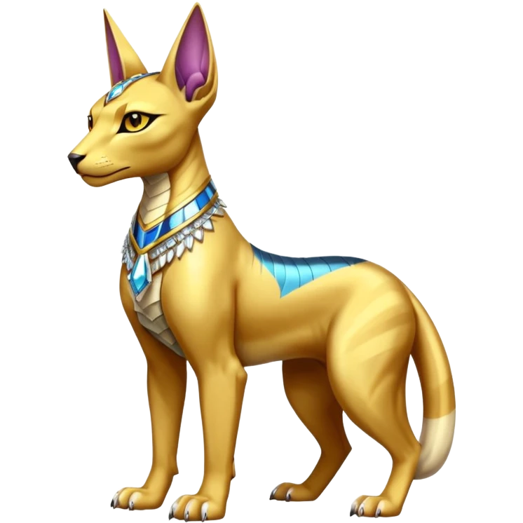 Modern futuristic shiny diamond colorful Anubis-Sphynx-Lombax-Zeraora-Renamon-fusion (full body) emoji