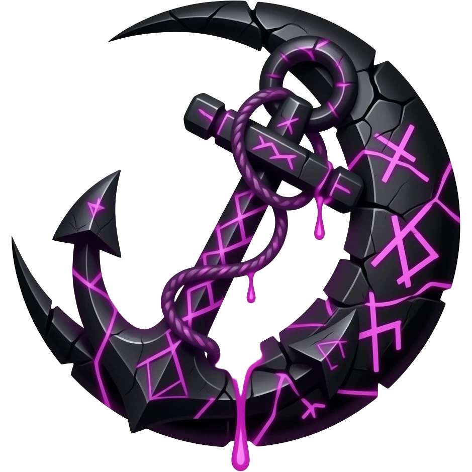 „blackened crescent‑moon fused with a jagged anchor, cracked runic engravings glowing violet, thin pink curse‑energy leaking like burning veins, soft moonlight catching the cracks, drifting shadow‑mist, ultra‑detailed, black‑violet‑pink palette, no characters“ emoji