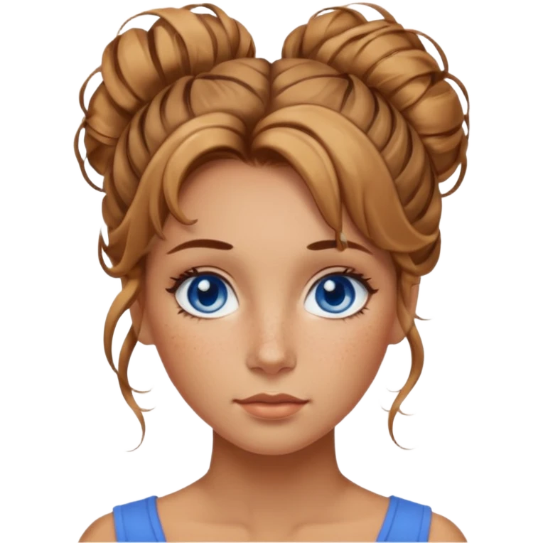 Attractive Woman with tan skin, wide face, freckles, messy updo hairstyle, and blue eyes emoji